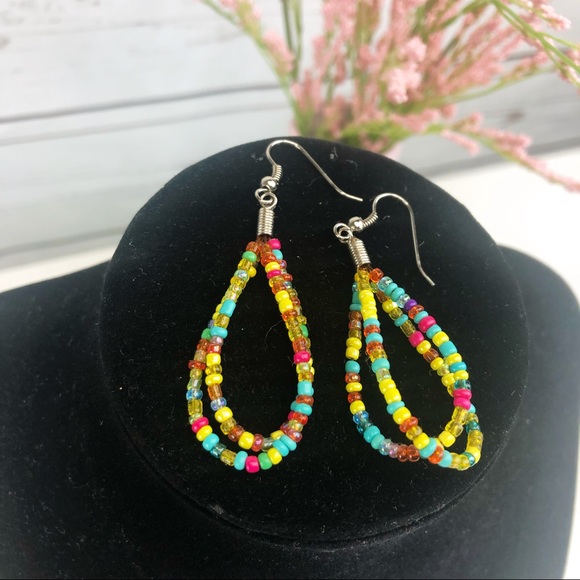 Multi Color Seed Bead Colorful Beaded Hook Dangle Earrings - Picture 2 of 2